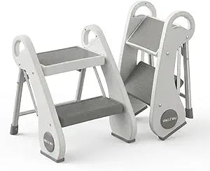 UNCLE WU Foldable Step Stool for Toddlers (10.6" High) - Portable Mini 2-Step Steel Frame Stool for Bathroom Sink, Potty Training & Kitchen - Anti-Slip, Space Saving Travel Size, Supports 200lbs