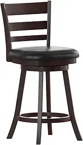 Flash Furniture Zerrick Commercial Classic Ladderback Barstool - Espresso Wood Frame - Black LeatherSoft Seat - Counter Height - 360 Swivel Seat - Footrest