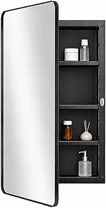 Fundin Black Plastic Medicine Cabinet, Mirror Door with Round Corner Metal Frame, Recessed and Surface Mount Bathroom Wall Medicine Cabinet, 16 x 28 inch Mirror Size