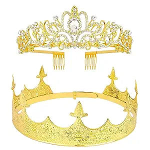 VELSCRUN 2 Pcs Crown for Men Women, Crowns for Men Metal, Gold King Queen Crown Tiaras for Women, Prince Crown Princess Tiaras for Girls, Birthday Prom Wedding Halloween Party Hair Accessories