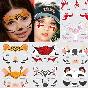 8 Sheets Animal Face Temporary Tattoos Halloween Tiger Spider Rabbit Panda Tattoos Stickers for Girls Boys Halloween Birthday Party Makeup Face Stickers Supplies