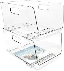 Isaac Jacobs 2-Piece (11.9" x 8.6" x 6.1") Large Deep Stackable Clear Storage Bins w/Open Front, Versatile Use, Set of 2, Desk, Office, Bathroom, Bedroom, Closet