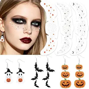 JUNEBRUSHS 6 Sheets Halloween Freckles Face Tattoo with 3 Pairs Earrings