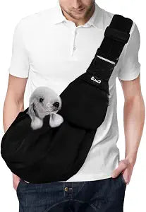 Lukovee Pet Sling, Hand Free Dog Sling Carrier Adjustable Padded Strap Tote Bag Breathable Cotton Shoulder Bag Front Pocket Safety Belt Carrying Small Dog Cat Puppy Machine Washable (BN, L)