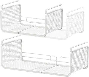 Expandable Under Shelf Basket Organizer, Under Shelf Storage, Hanging Baskets Under Cabinet for Pantry Kitchen Cupboard Desk Counter Bookshelf Space Saver Heavy Duty Slide-in (white, 2 Pack)