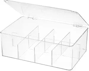 Divided Clear Plastic Organizer Bin with Hinge Lid, 8 Sections Tea Bag Storage Box for Kitchen, Snacks, Spice Packets,Pouches, Stackable Storage Bin