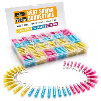 ALBO 300PCS Electrical Connector Kit 3 Colors / 30 Size, Heat Shrink Waterproof Crimp Wire Connectors with Ring Terminals, Spade & Fork Terminal Connectors, Male and Female Wire Terminals