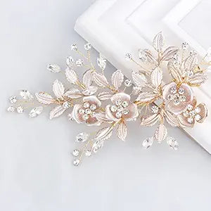 SWEETV Light Rose Gold Wedding Clip Rhinestone Bridal Comb Barrette - Handmade Flower Clip Head Pieces for Women