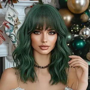 NAYOO Dark Green Wavy Bob Wig with Bangs for Women, 14 Inch Shoulder Length Short Green Wig, Heat Resistant Loose Wave Hair for Daily Wear Party Cosplay