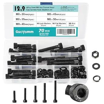 70 PCS M8 x 30mm 35mm 40mm 45mm 50mm, Hex Socket Head Cap Screws Bolts Washers Nuts Assortment Kit, 12.9 Grade Alloy Steel, Black Oxide Finish, Metric Allen Drive