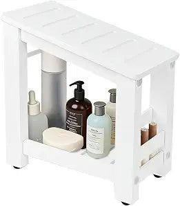 White Bamboo Shower Foot Rest for Shaving Legs, Water-Resistant Pedicure Foot Stool with Lower Storage Shelf, Compact Bathroom Shaving Step for Shower and Bath