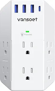 Wall Outlet Extender, Vansoet 6 Outlet Splitter with 4 USB Ports(1 USB C PD 20W), 2100J Surge Protector Power Strip, 3 Side Multi Plug Outlet for Travel, Home, Office, Dorm