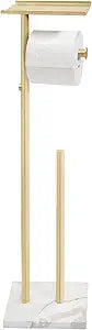 GZILA Brushed Gold Toilet Paper Stand Holder with Shelf, Marble Design Base Free Standing Toilet Paper Roll Holder with 2 Dispenser SUS 304 Stainless Steel Reserve, Storage 5 Rolls