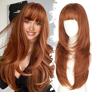 Eawwii Ginger Wig with Bangs, 26 Inch Synthetic, 4x4 Realistic Scalp