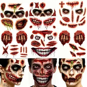 Halloween Zombie Tattoos Kit ï¿½ï¿½ï¿½ï¿½ï¿½ï¿½ï¿½ï¿½ï¿½ 6 Sheets (4 Zombie Tattoos + 2 Wound Tattoos) ï¿½ï¿½ï¿½ï¿½ï¿½ï¿½ï¿½ï¿½ï¿½ Fake Scars Temporary Tattoos for Adults, Women, Men ï¿½ï¿½ï¿½ï¿½ï¿½ï¿½ï¿½ï¿