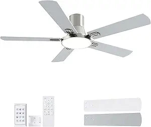SNJ 52 Inch Brushed Nickel Ceiling Fans with Lights and Remote,Flush Mount Low Profile 5 Blades Ceiling Fan,Dimmable Quiet Reversible DC Motor for,Living Room,Bedroom and Patio