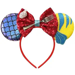 Mermaid Mouse Ears Headband for Women, Fish Scales Ears Sequin Bows