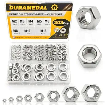 203Pcs Metric Hex Nuts Set Hardware Nuts 304 Stainless Steel