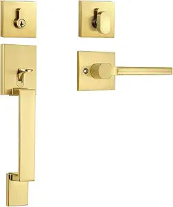 Probrico Front Door Handleset, Heavy Duty Exterior Door Lock with Deadbolt, Single Cylinder Deadbolt with Handle, Right or Left Handed, Gold, 1 Set