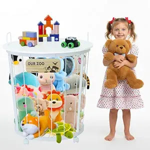 Stuffed Animal Storage Organizer with Tabletop & Brake Caster Wheels, Cute Metal Tube Toy Organizers and Storage for Nursery, Playroom, Bedroom (27.7x24.8) (White & White Tabletop)