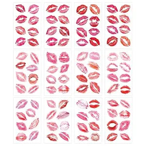 12 Sheets Lip Print Temporary Tattoos, Red & Pink Kiss Mark Designs