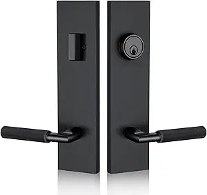 Matte Black Front Door Handle with Knurled Grip  Durable Entry Lock Set with Deadbolt, Exterior Lever & 3 Keys, Fits Left & Right Hand Doors (Keyed Handleset, Matte Black)