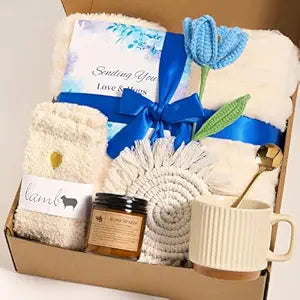 Get Well Soon Gifts for Women, Hug in a Box Care Package with Blanket & Mug, Surgery Recovery Gift Basket for Mom, Grandma, Sister, Friends  Blue Comfort Box with Best Wishes for Mother's Day