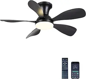 NKPU 36In Black Low Profile Ceiling Fans with Lights and Remote/APP Control, Modern Flush Mount Ceiling Fan with 5 Reversible Blades for Outdoor Patio,Small Room,Bedroom