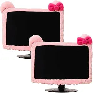 2 Pcs Kawaii Elastic Monitor Dust Cover - Cat Ear Furry Pink, Dustproof for PC, TV, Laptop (17 - 24 Inch)