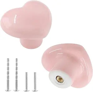 2pcs Ceramic Heart Pink Drawer Knobs, Cute Cabinet Pulls for Kids