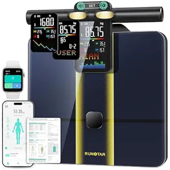 RunStar Smart Scale for Body Weight, 8 Electrodes High Precision Digital Bathroom Scale with Set Functions Handle, Body Composition Scale for 28 Metrics 400lbs, Blue-Black