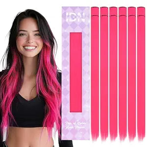 IDN BEAUTY Colored Clip in Hair Extension, 12PCS Hot Pink 24Inch Invisible Clip Straight Synthetic Hair Pieces for Women, Hair Accessories for Party Cosplay Travel Birthday