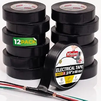 XFasten Electrical Tape Black 3/4 Inch x 66 Feet 12-Pack (792 Feet Total) UL/CSA Listed High Temp Residue-free Vinyl Automotive Electric Tape Waterproof (Black, 3/4 Inch x 66ft (12-Pack 792 ft Total))