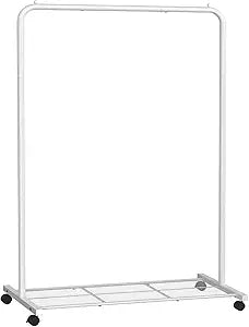 SONGMICS Clothes Rack with Wheels, Clothing Rack for Hanging Clothes, 25.4 mm Metal Garment Rack with Dense Mesh Storage Shelf, 110 lb Load Capacity, 2 Brakes, Cloud White UHSR025W01