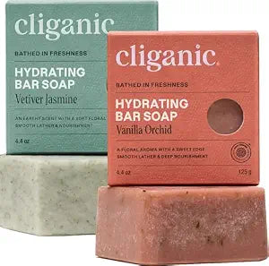 Cliganic Hydrating Bar Soap -Body Soap For Men & Women with 98% Natural Ingredients Cleanses, Moisturizes & Nourishes, Leaves Skin Soft - Vetiver Jasmine & Vanilla Orchid Scents (2 Pack)
