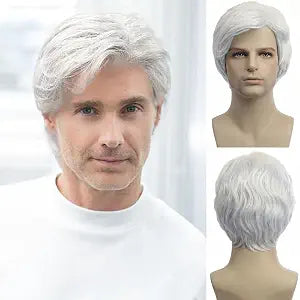 Men's White Wigs Short Wigs Natural Looking Heat Resistant Synthetic Hair with Adjustable Cap 180g