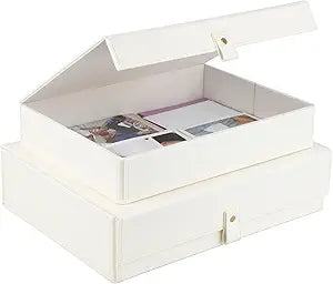 HofferRuffer Photo Storage Boxes with Dust-Proof Lid, Set of 2 Faux Leather Lidded Storage Bins, Photo, Jewelry, Scrapbooking Supplies, Keepsake Organizer for Elegant Home & Office Decor (CreamWhite)