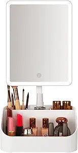 Rechargeable Makeup Mirror Organizer with LED Lights & 20X Magnification, Large Capacity Cosmetic Display Case for Skincare & Makeup Brushes, Countertop Vanity Organizer for Bedroom, Bathroom (Cream)