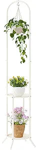 Metal Plant Stand 2-Tier with Hanging Hook, Indoor Outdoor Plant Shelf for Multiple Plants,Heavy Duty Steel (Cream)