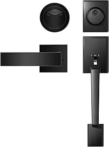 Azdele Front Door Handle and Deadbolt Set, Front Door Lock Set, Exterior Door Lock Set, Front Door Handle with Single Cylinder Deadbolt for Exterior Door, Reversible for Right&Left(Matte Black Modern)