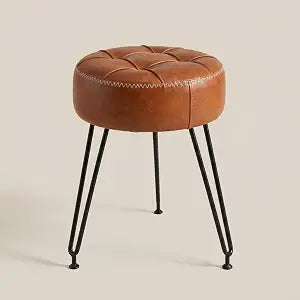 Faux Leather Vanity Stool Chair with Metal Legs, Modern Foot Stool Ottoman for Bedroom, Living Room Round Ottoman Foot Rest, Makeup Dressing Table Seat for Bedroom, Living Room, Entryway (Brown)