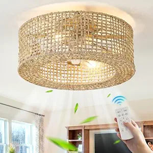 DDLLDESHI Boho Caged Ceiling Fan with Light 20", Handmade Hidden Enclosed Kitchen Rattan Ceiling Fan with Timer Remote, Flush Mount Fandelier Ceiling Fan with Lights for Bedroom