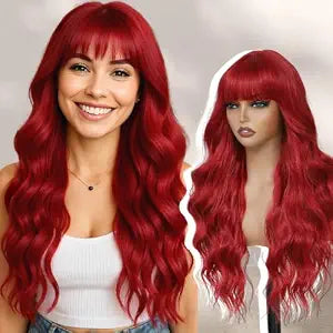 Red Wig with Bangs for Women 26 Inch Long Wavy Curly Hair