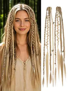 Dreadlock Extensions & Clip in Braids for Women, 16 Inch 2PCS Handmade Boho Braids with Beads & Charms, Synthetic Hair Extensions for Cosplay Daily, Medium Blonde & Platinum Blonde