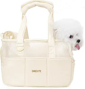 ONECUTE Dog Purse Carrier for Small Dogs Rabbit cat with Large Pockets, Cotton Bag, Dog Carrier Soft Sided, Collapsible Travel Puppy Carrier (Beige Breathable, 17.0" L x 7.5" W x 12.0" H)
