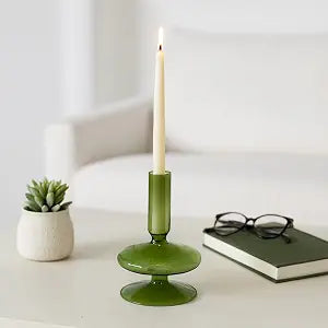 Glass Candle Holder - Taper Candle Holders and Candlestick Holders for Table Decor, for Living Room, Mantel, or Dining Table, Sculptural Disc and Sphere Design Home Decor Accent  5", Green