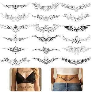18 Pcs Large Black Flower Fake Tattoos Chest Underboob Temporary Tattoos Realistic Removable Waterproof Waist Floral branch Tattoo Stickers for Adults Women Men Girl Waist Body Art