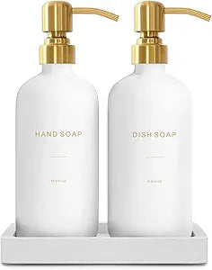 Prus Waso Gold Soap Dispenser Set, Glass Soap Dispenser with Stainless Steel Pump, Perfect for Modern Kitchen Counter Decor. (Gold)