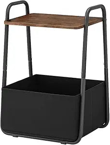 Rustic Brown Metal Frame Nightstand - Small Side Table with Fabric Storage Basket and Handle - Ideal for Bedroom & Living Room & Dorm