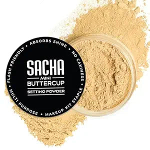 Sacha BUTTERCUP Mini Setting Powder. No Ashy Flashback. Blurs Fine Lines and Pores. Loose, Translucent Face Powder to Set Makeup Foundation or Concealer. For Medium to Dark Skin Tones, 0.35 oz.